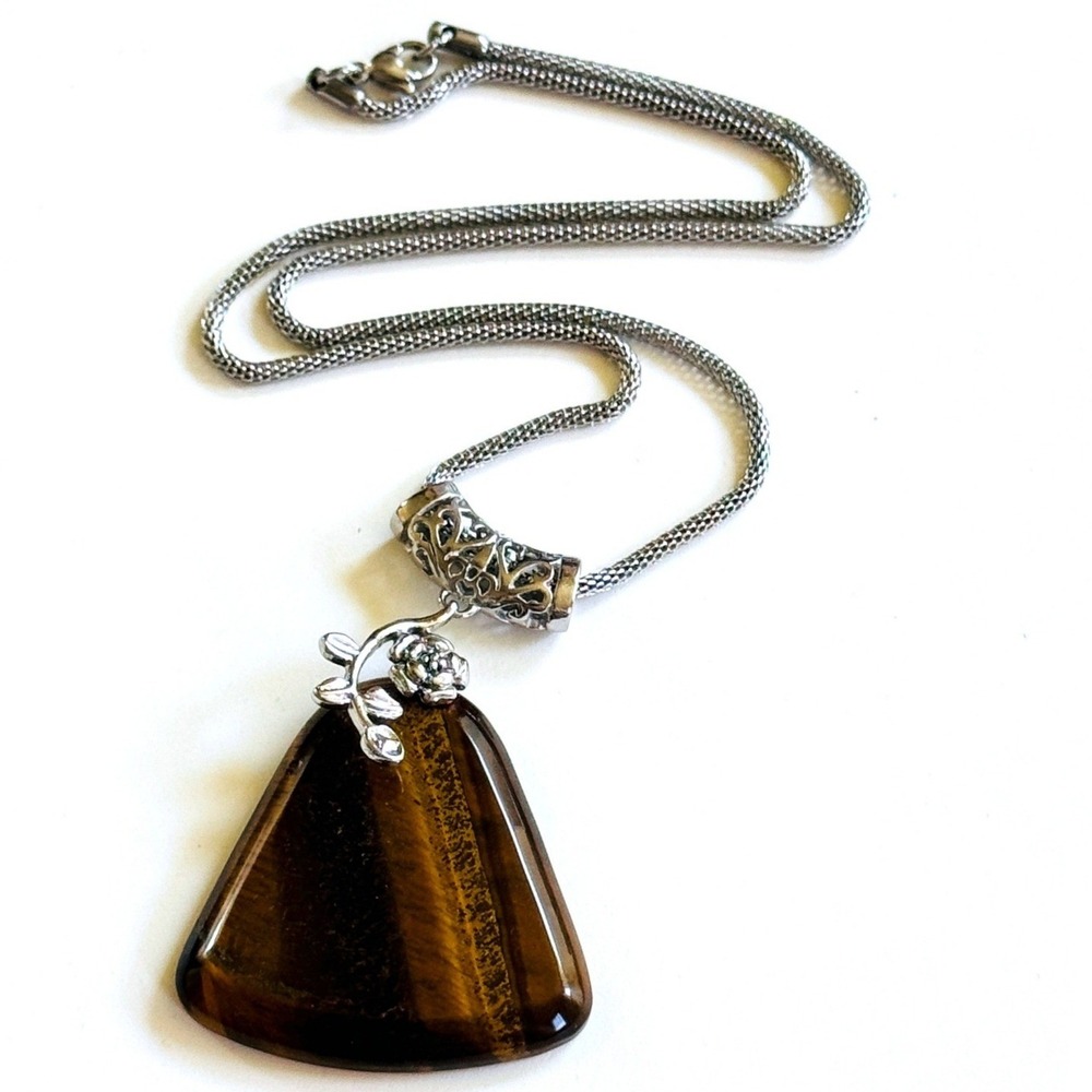 Tiger's eye stone Stainless Steel mesh chain necklace silver floral collar 20"